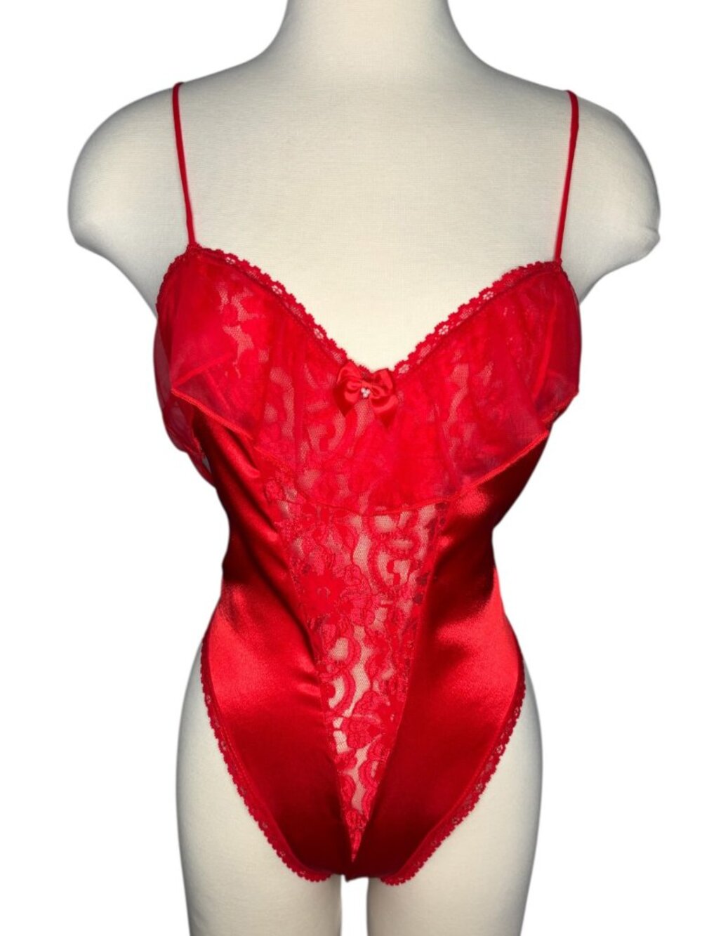 Vintage Linea Donatella Red Satin Lace Teddy Bodysuit Lingerie Size Medium